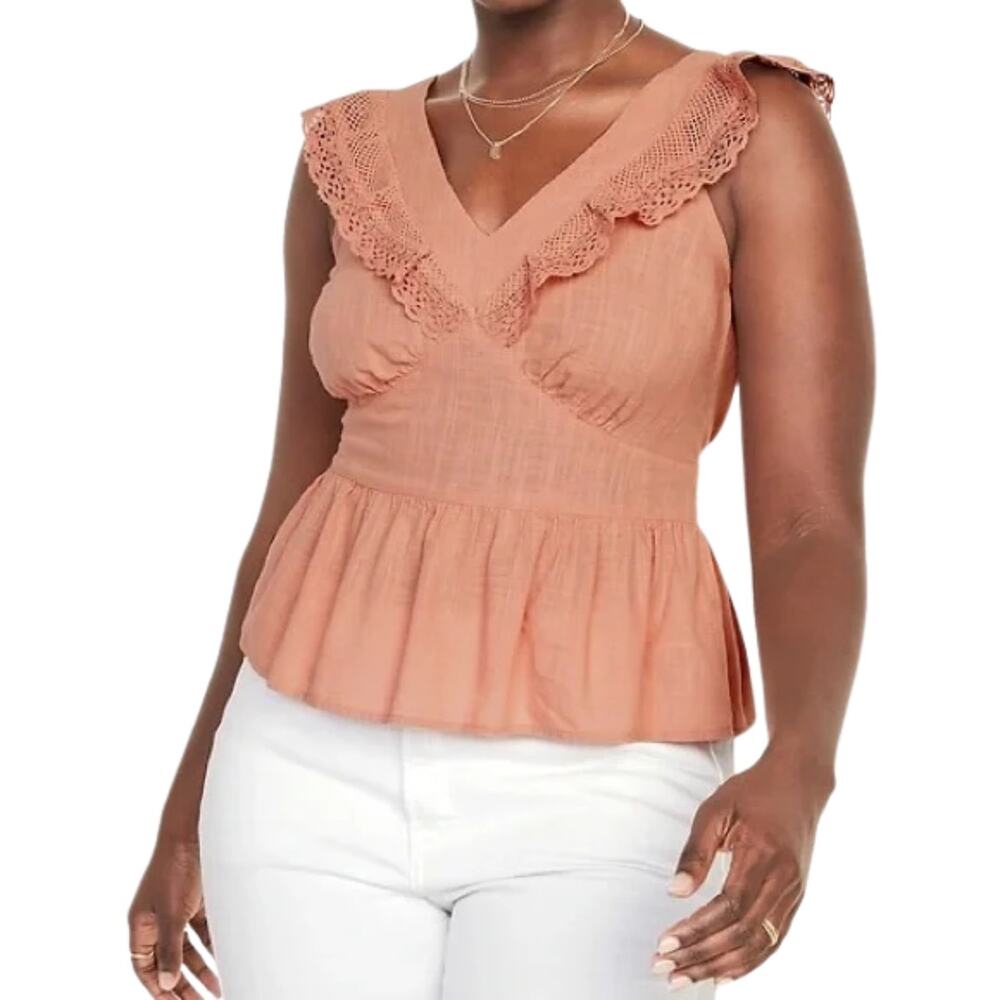 Old Navy Top Womens 4X Peach Ruffle Crochet Peplum Smocked Babydoll Blouse NWT